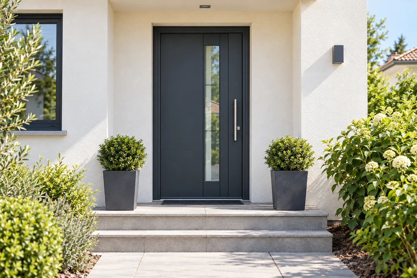 Porte d'entrée gris anthracite d'un pavillon de l'Essonne, fermée et intacte